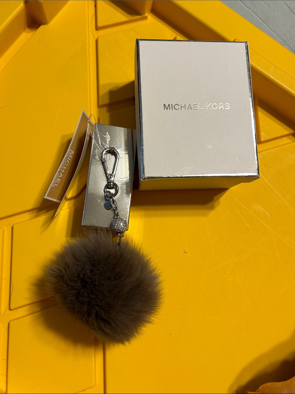 MICHAEL KORS Gray Fur Pom Pom Keychain Charm